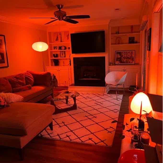 Creating a comfortable living room atmosphere with warm lighting! ✨🛋️ It’s all about cozy vibes and making every moment feel special. #HomeSweetHome #CozyLiving #MidCenturyModern #SectionalSofa #AccentChair #Hermanmillerdupes #Hermanmillertabledupes