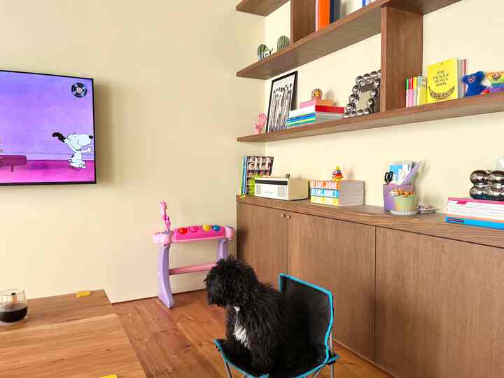 Ivory walls and wood tone flooring in a natural style living room featuring books, decor, and a dog sitting on a chair
