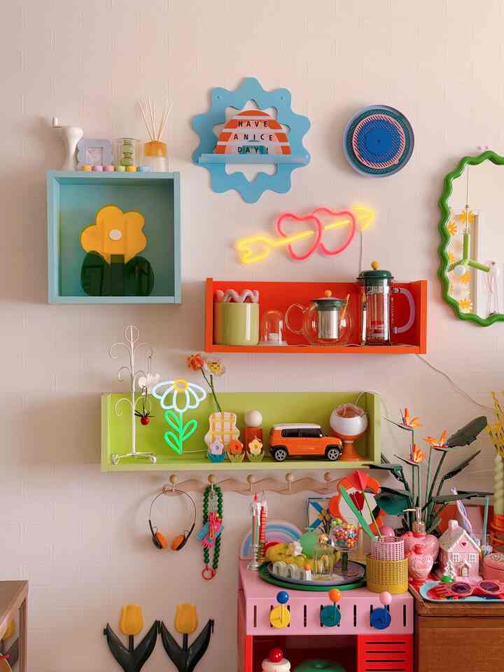 A bright, lively space with vivid neon lights, colorful shelves, and toys arranged creatively