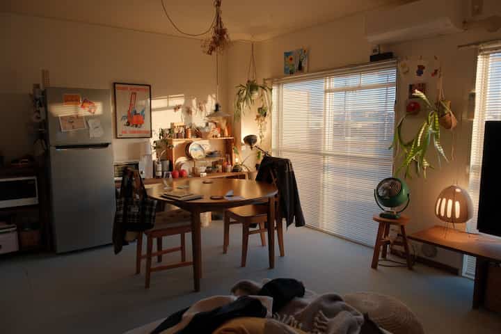 Cozy dining room in warm natural tones featuring wooden dining table, chairs, and plants