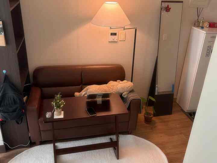 温かみのあるブラウンとホワイトの色調のリビング、ブラウンのソファとコーヒーテーブル、フロアランプが配置された印象的な空間