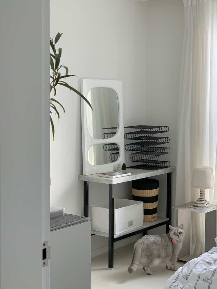 Bright modern white-toned living space featuring Arden mirror, shelves, fabric lamp, and a cat standing on the floor