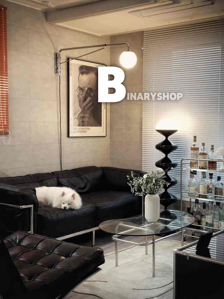 グレーの壁とブラックの家具が調和したリビング、白い犬がソファでくつろぐモダンで洗練された空間