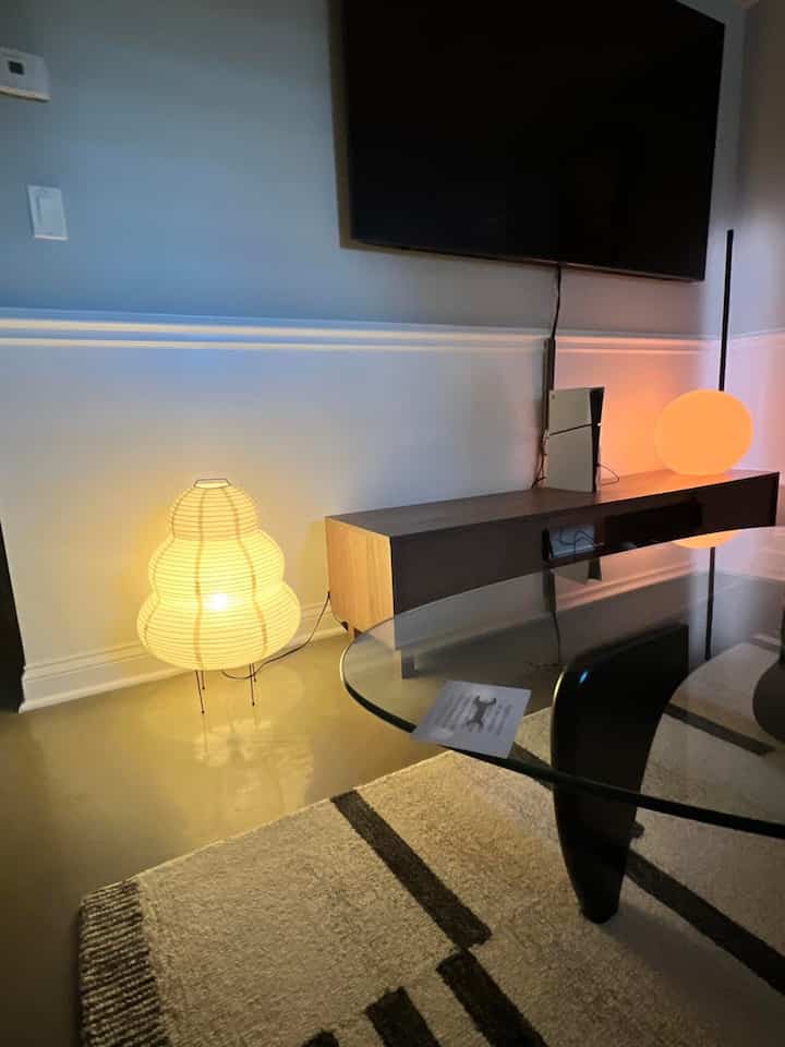 Absolutely in love with my moody lamp! It brings the calm I need and sets the perfect vibe. 🌙✨ #MoodLighting #CalmVibes #GlassTable #PaperLamp #ModernDecor 