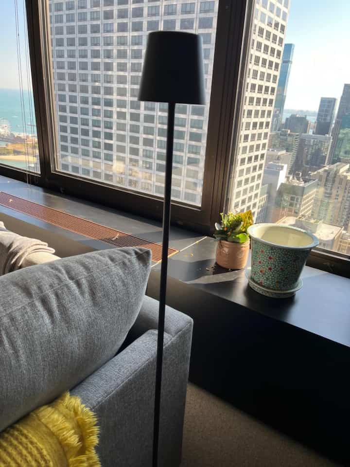 Absolutely loving how this black floor lamp adds a touch of elegance to my modern interior! 🖤🏡 #ModernDesign #HomeDecor #FloorLamp #ModernInterior #CityView 