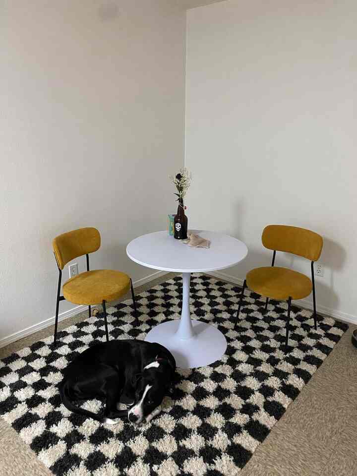 Mid-century modern dining room with white round table and mustard yellow chairs, black and white checkered rug featuring a dog lying down