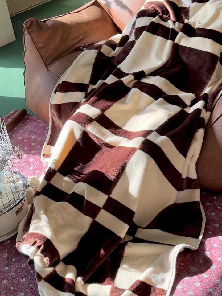 柔らかいブラウンとアイボリーのチェック柄ブランケットがかけられたレザーのビーズクッションソファがある温かみのあるリビング