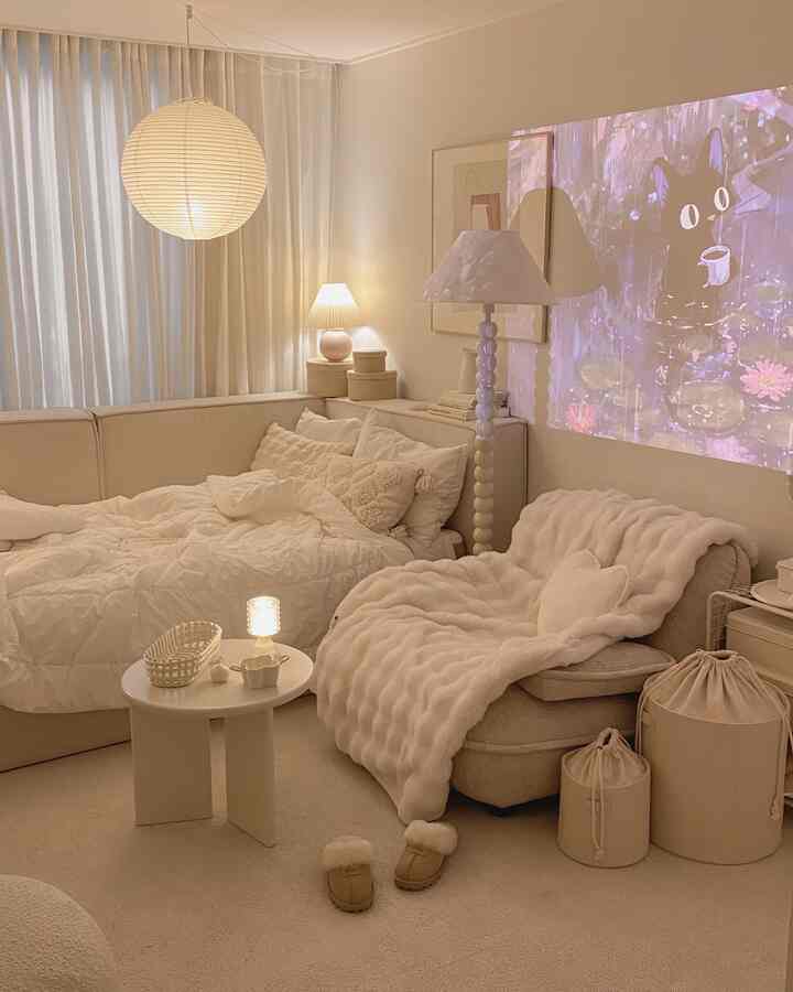 ホワイトとベージュのトーンの小さなリビング、ソファベッドとラブシート、カーテン、フロアランプが配置された雰囲気のあるインテリア