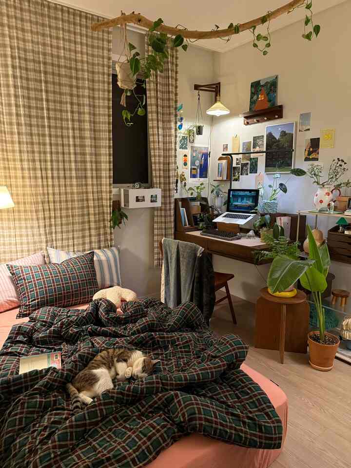 ライトブラウンとナチュラルトーンの寝室、快適な寝具の上で猫が休んでおり、右側にデスクと植物が配置された雰囲気のあるインテリア