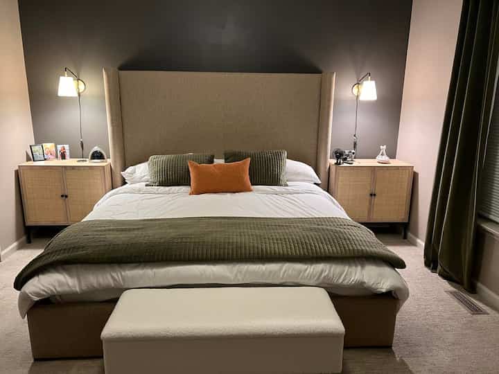 Turning my bedroom into a luxury retreat 🛌✨ Feels just like a hotel getaway! Plush pillows, soft linens, and all the cozy vibes. Who else loves that hotel-like feel at home? 🛎️🤍 #HomeSweetHome #BedroomGoals #HotelVibes #UpholsteredBed #MidCenturyModern #Nightstands