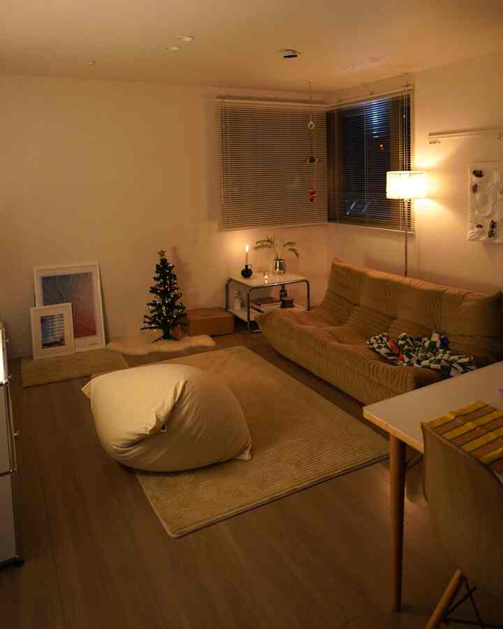 Beige and brown toned living room featuring sofa, bean bag, rug, and a small Christmas tree in a cozy setting