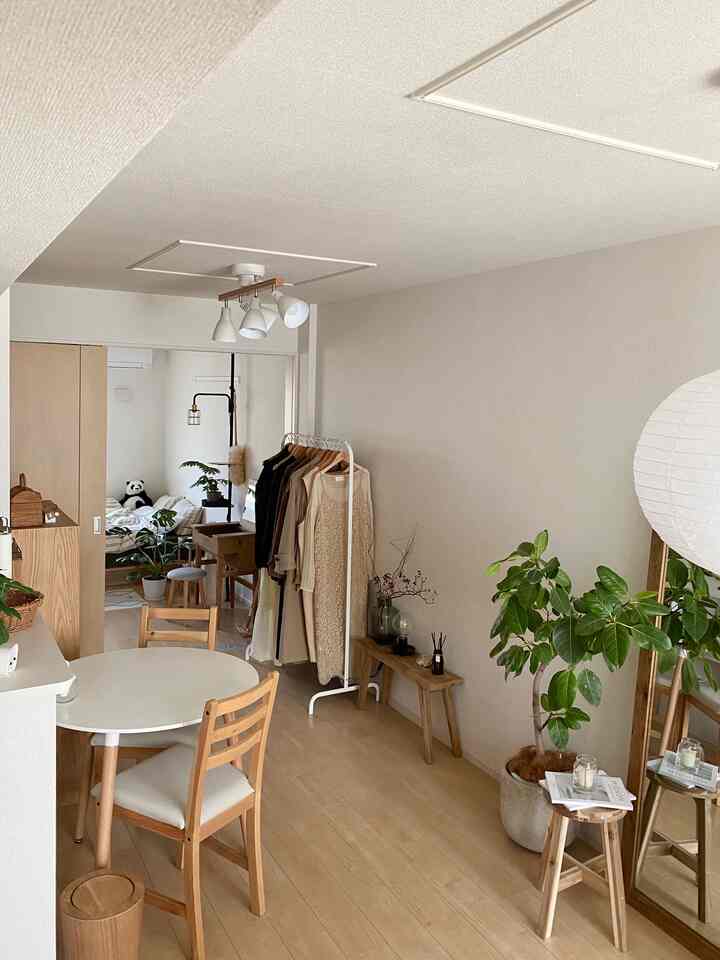 Natural toned studio apartment with simple dining table and chair, clothing rack, and plants arranged in a tidy living space