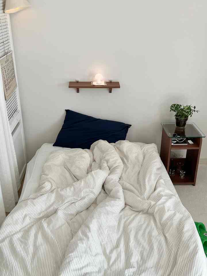 ホワイトとウッドトーンのスタジオ寝室、ネイビーピローと植物が配置された雰囲気のある空間