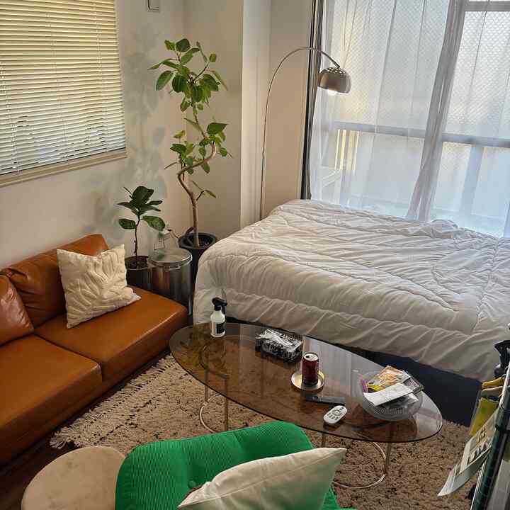 White and brown toned 1K 8-tatami room featuring bed, sofa, and coffee table with a natural cozy atmosphere