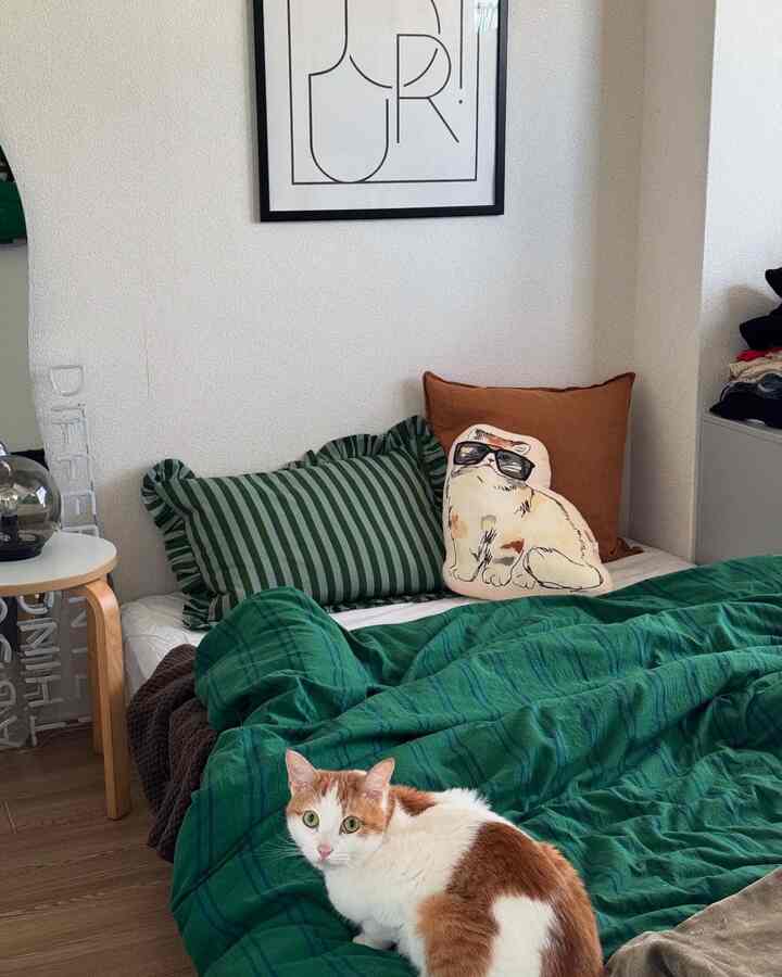 緑色の寝具とクッションが配置された寝室、ベッドの上に猫が座る雰囲気のあるインテリア