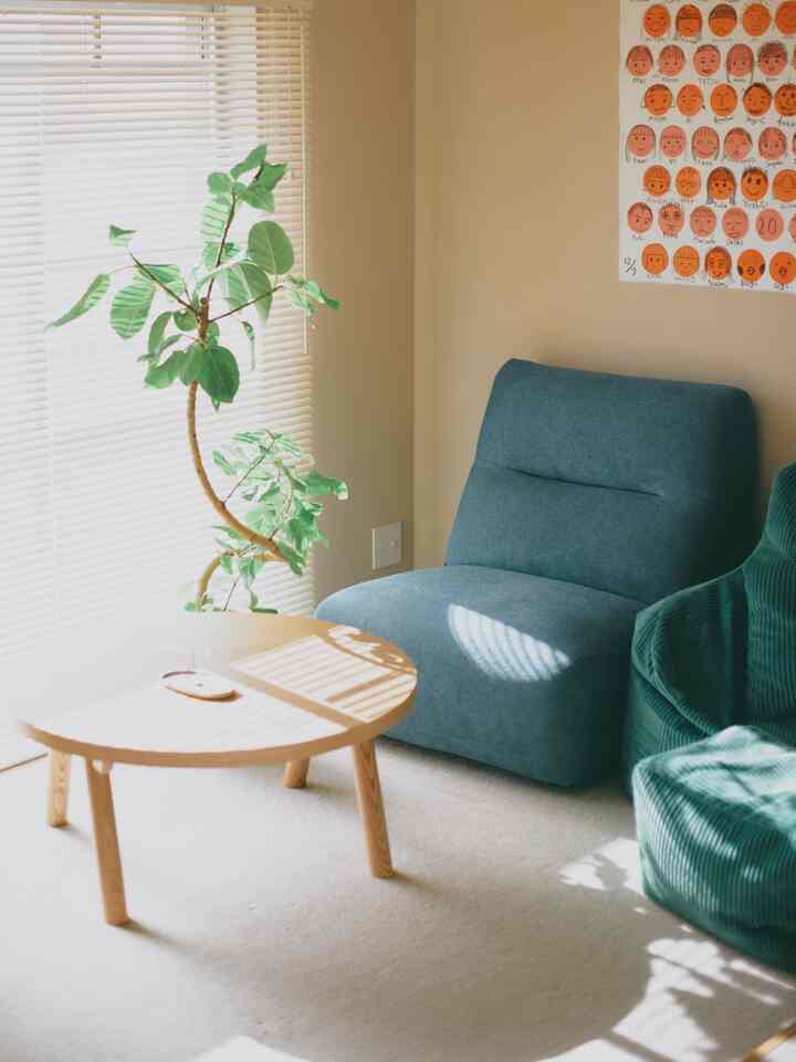 Beige-toned living room featuring a blue sofa, wooden round table, and a green plant in a calm setting