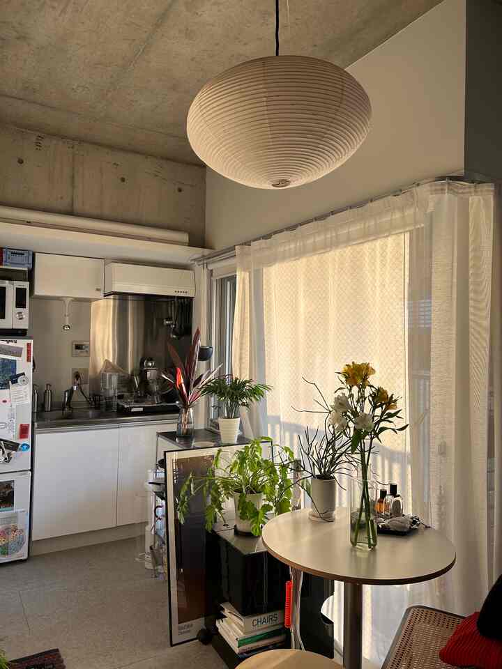 白とナチュラルカラーが調和するワンルームのキッチンスペース、丸テーブルと植物が配置された雰囲気のあるインテリア