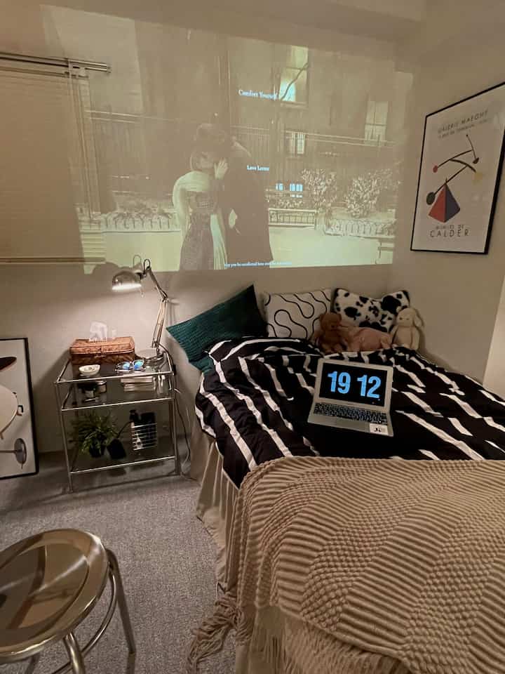 Black and white toned bedroom featuring bed with cushions and a movie projected on the wall, creating a cozy home cinema space