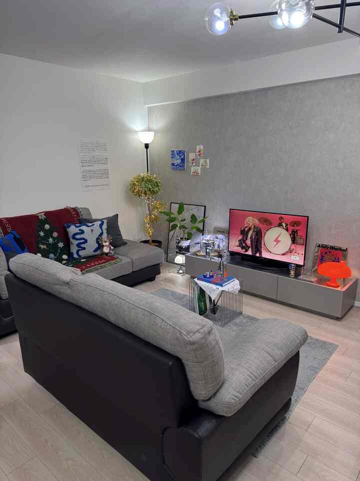 ライトグレーの色調のリビング、2つのソファとテレビ台が配置された、居心地の良いモダンな空間