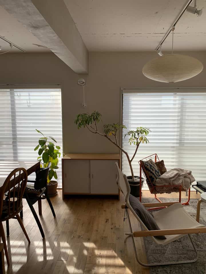 パステル調のナチュラルウッドが映える北欧風リビング、ロールスクリーンとパーソナルチェアが配置された落ち着いた空間