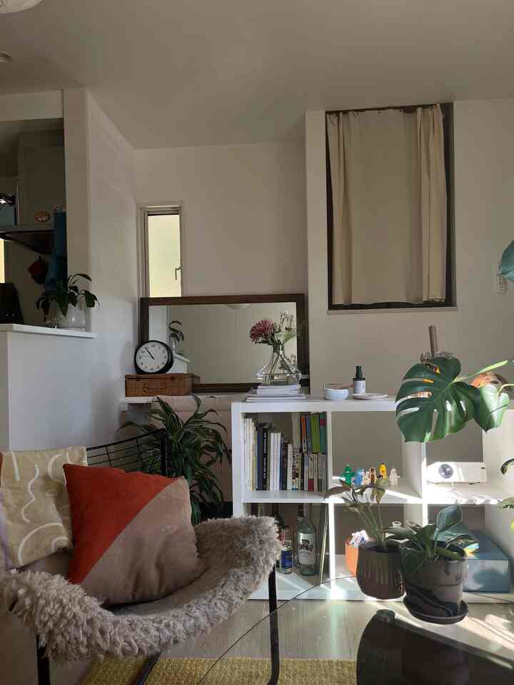 White and brown toned living room featuring sofa, shelf, and plants with a cozy mid-century modern vibe