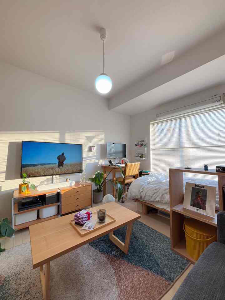 ナチュラルな木目調と明るいベージュの床が特徴の1K7畳リビング兼寝室、テレビとデスクが配置された落ち着いたワンルームインテリア