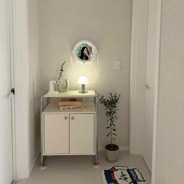 シンプルでナチュラルな雰囲気のワンルーム玄関、白いキャビネットと植物が配置された清潔感のある空間