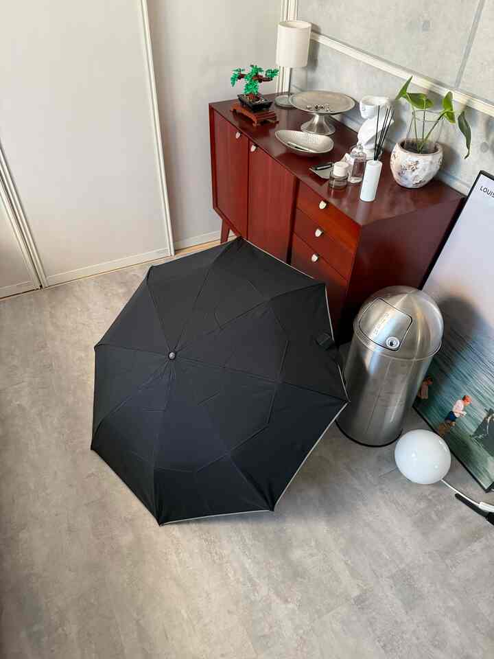 グレーの床と濃い茶色のキャビネット、中央に置かれた大きな黒い傘がある玄関スペース