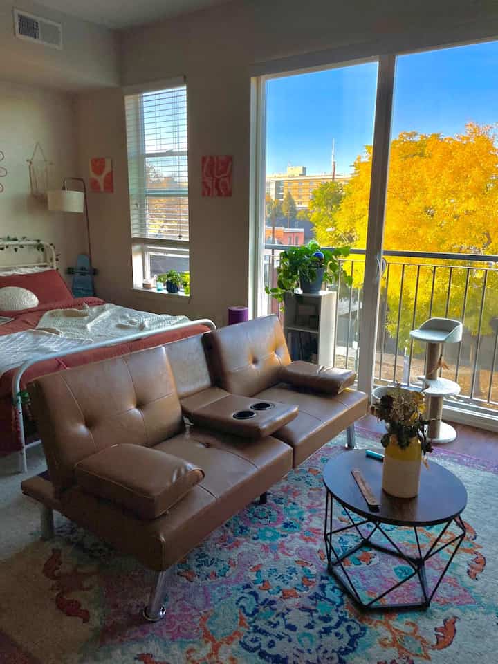 Cozy living and bedroom space in warm brown tones featuring a leather sofa, vibrant carpet, and balcony with autumn view