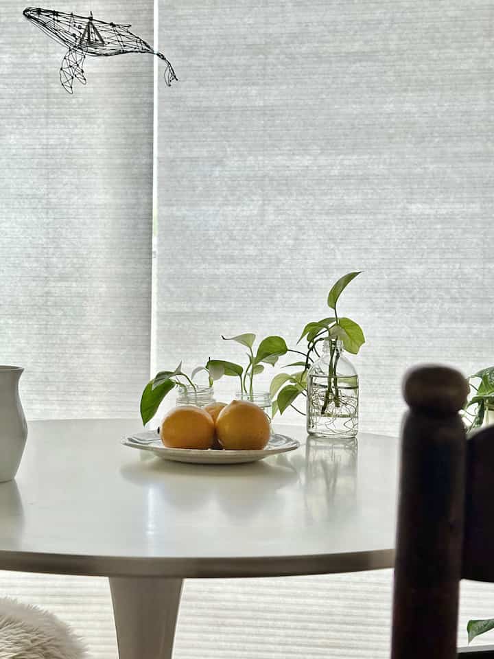 白を基調としたダイニング、丸いテーブルに植物と果物が置かれた自然でミニマルな雰囲気のインテリア