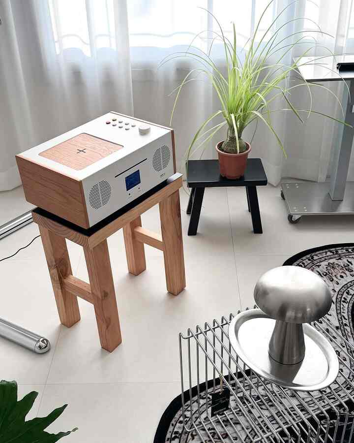 Natural wood tones and silver accents in a living space featuring an all-in-one audio device and a potted plant, showcasing minimalist design
