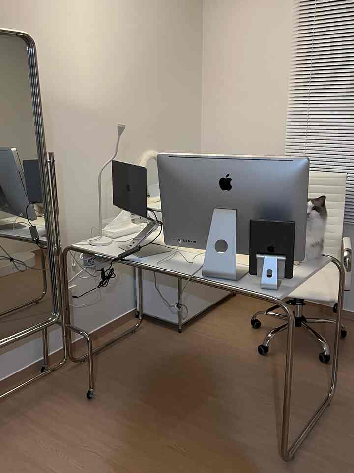 白と木目調が調和するホームオフィスのデスクスペース、オフィスチェアに猫が座っている様子