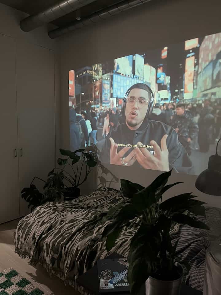 Gray and black tone bedroom featuring bed, plants, and a projector screen in a modern space