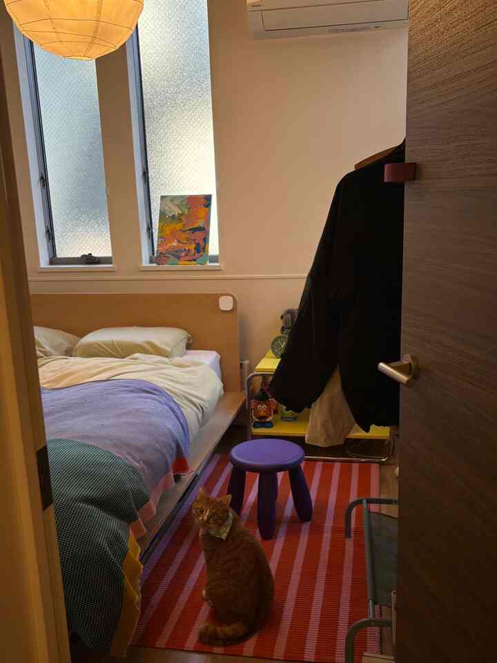 温かみのあるオレンジと赤のトーンが特徴の6畳寝室、中央に猫と紫のスツールが配置されたシンプルでナチュラルな印象的な空間