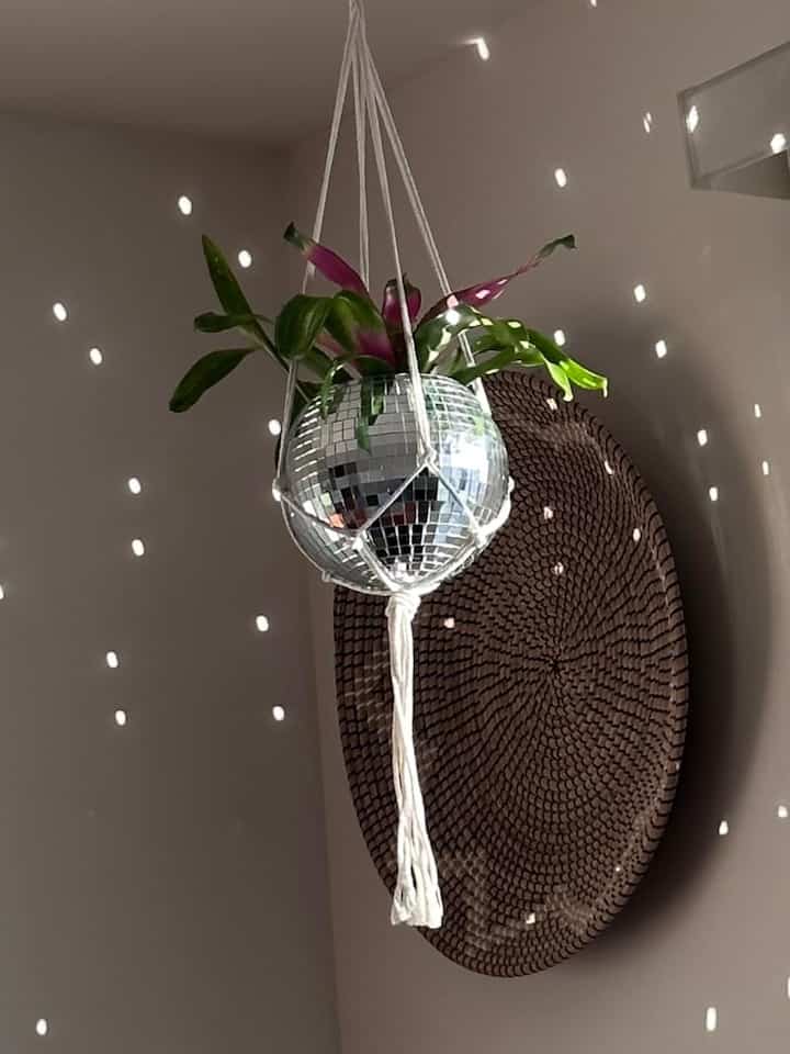 Elevating my boho decor with this fabulous disco ball planter! ✨🌿 A unique touch that adds sparkle and personality to my space. 
#BohoChic #PlantLovers #DiscoBallPlanter #BohoDecor #MacrameHanger
