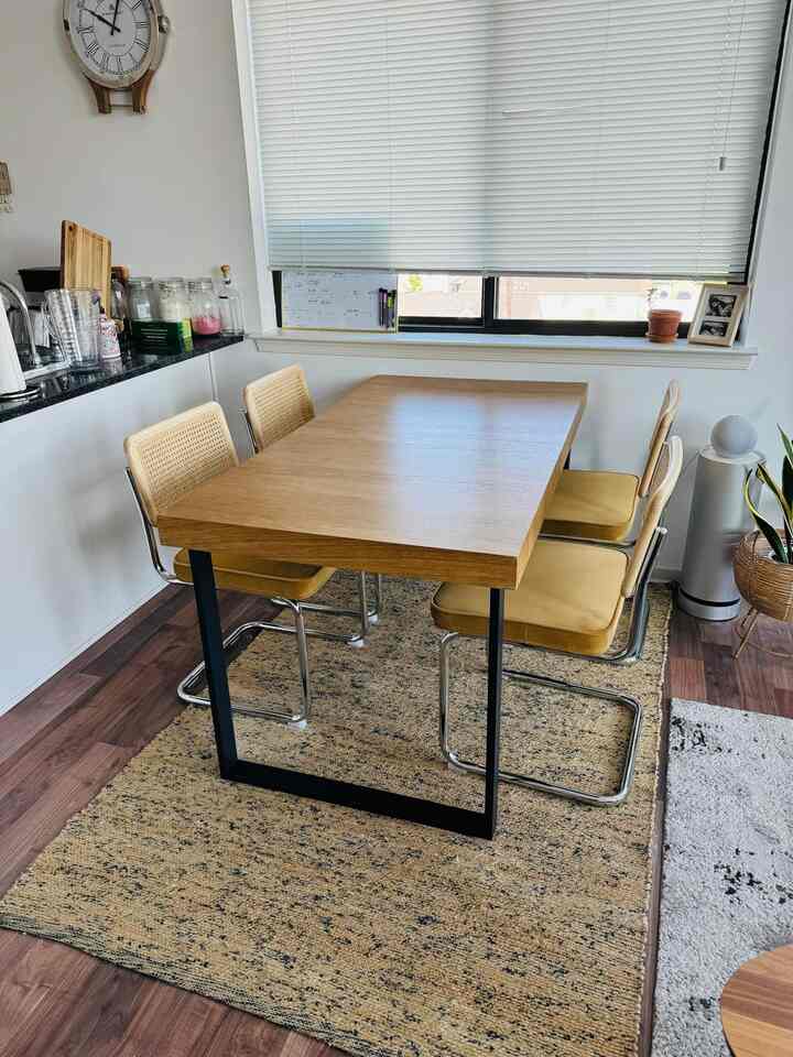 Brightening up my dining area with this beautiful wood table and cheerful yellow fabric chairs! Perfect for joyful gatherings! 🌼✨ #DiningInStyle #ColorPop #HomeDecor #DiningTable #ModernDecor #CaneChairs