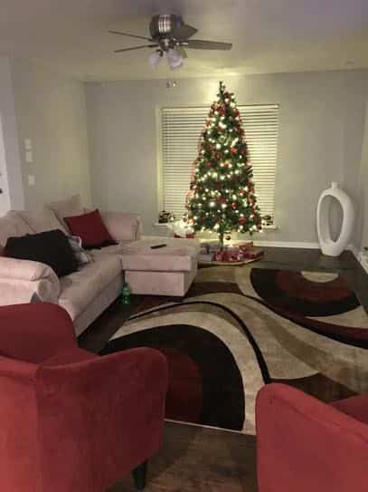 Cozy vibes and holiday cheer! This red fabric couch is the perfect match for my festive Christmas tree! 🎄❤️✨ #HolidayHome #ChristmasVibes #CozyCorner #SectionalSofa #ModernDecor #ChristmasDecor