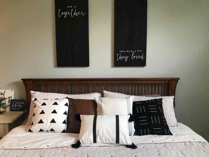 Elevating my bedroom decor with chic black and white cushion covers! Timeless elegance and a touch of contrast for a cozy vibe 🖤🤍✨ 
#CushionLove #BedroomInspo #HomeDecor #WoodenHeadboard #ThrowPillows #ModernFarmhouse