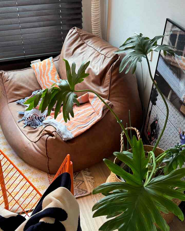 ブラウン色のビーズクッションと大きな緑の植物が配置されたナチュラルトーンの居心地の良いリビング