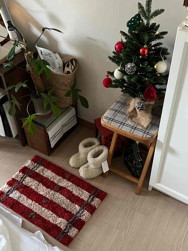 赤とベージュのバスマットが敷かれた玄関、クリスマスツリーと植物が配置された温かみのある雰囲気の空間