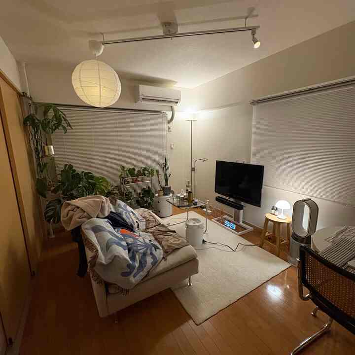 White and brown toned living room featuring sofa, plants, and lighting arranged in a cozy Mid-Century Modern style
