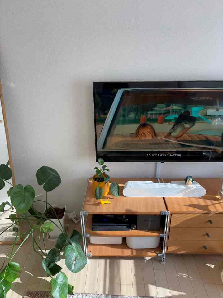 明るいナチュラルウッドの家具とグリーンの植物が配置された1Kのリビング、北欧風のミニマルな雰囲気のインテリア