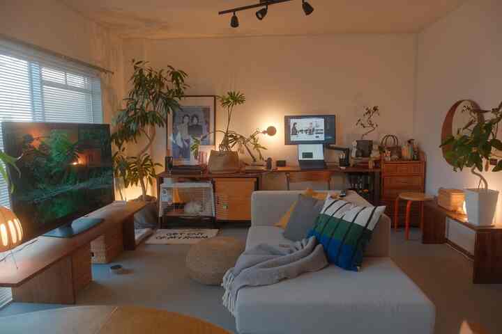Warm brown and light gray toned living room featuring natural furniture, plants, sofa, and desk creating cozy atmosphere