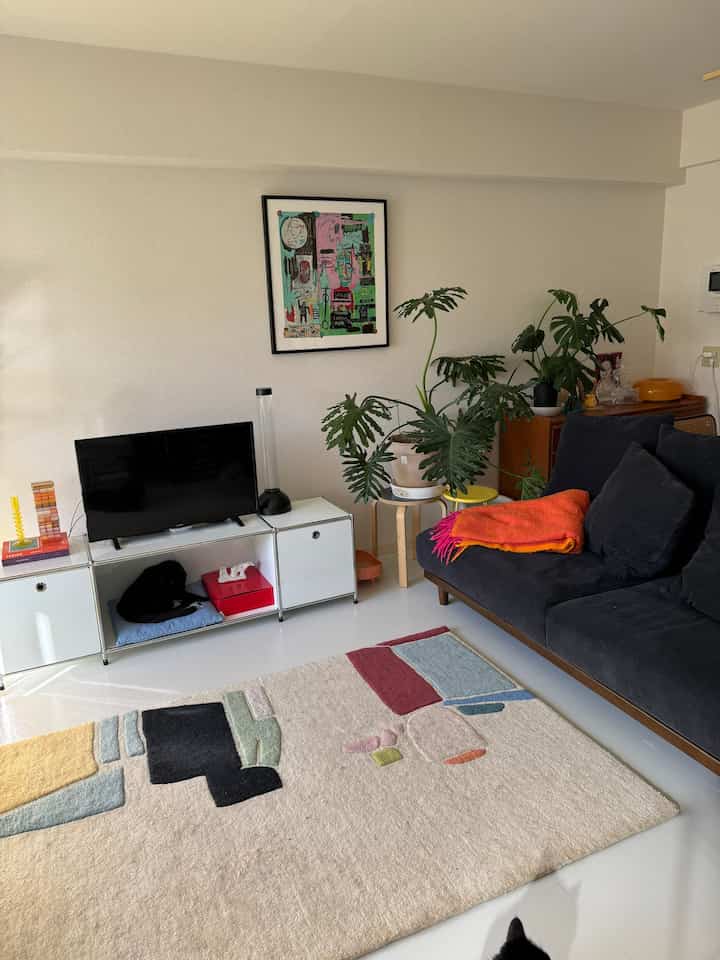 Modern living room with white walls featuring a black sofa, colorful rug, and TV stand with a cat bedroom at center-bottom