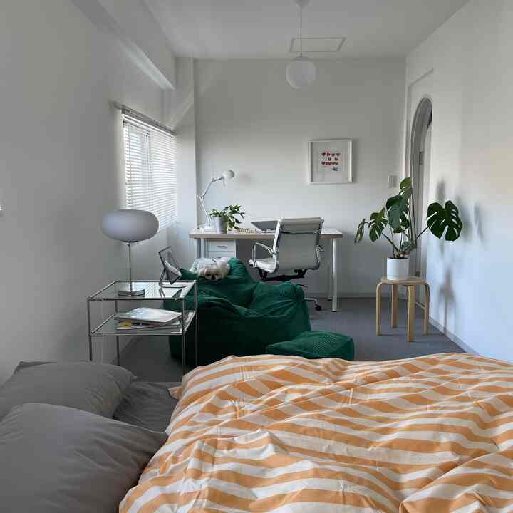 White and green toned bedroom featuring desk, bean bag, and a pet dog, showcasing minimal and Nordic style