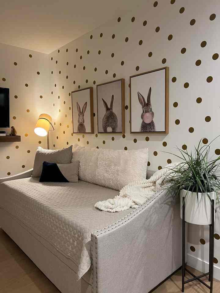 Loving this big sofa/bed and the bunny pictures #sofabed #Cozylivingroom #bigcouch