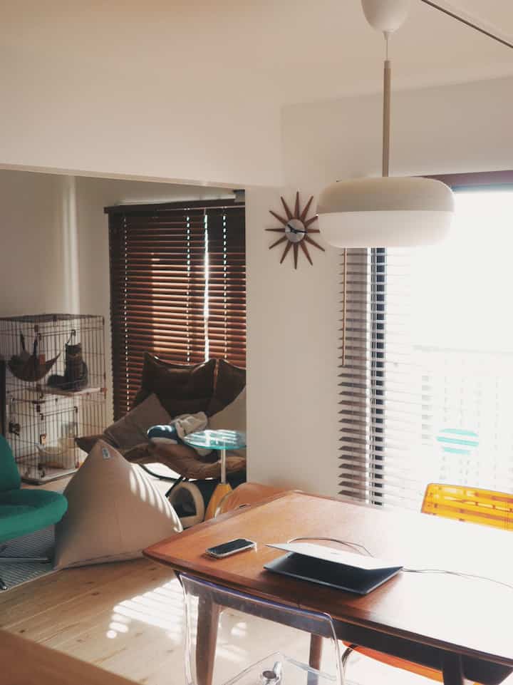 ブラウンのアームチェアとビーンバッグがあり、木目調のダイニングテーブルにノートパソコンと透明な椅子が配置された、ナチュラルな雰囲気のリビング兼ダイニングルーム