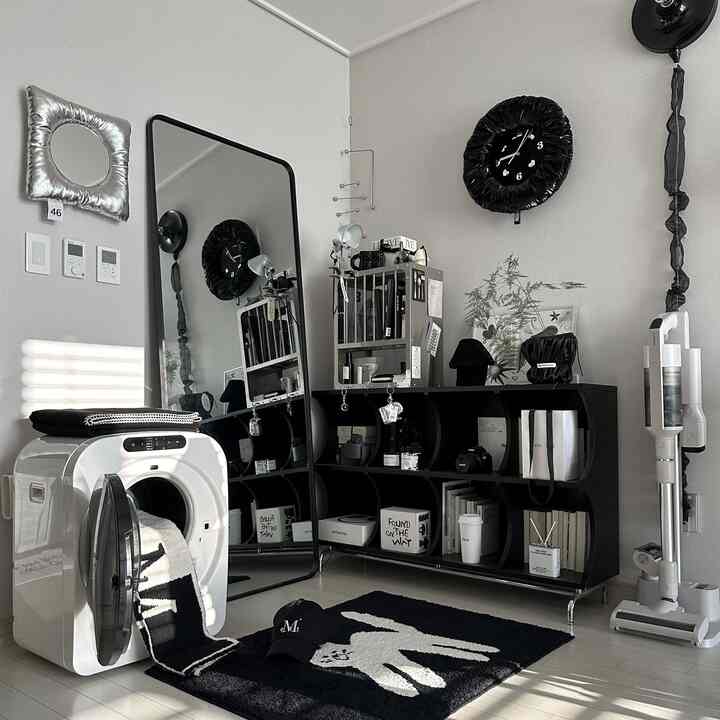 モノトーンの狭い部屋にミニ乾燥機、全身鏡、ブラックキャビネット、ラグが配置されたモダンなインテリア