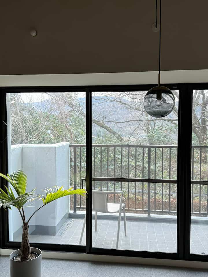 グレーのカーペットと植物が配置された、バルコニーの景色が見えるナチュラルモダンのリビング空間