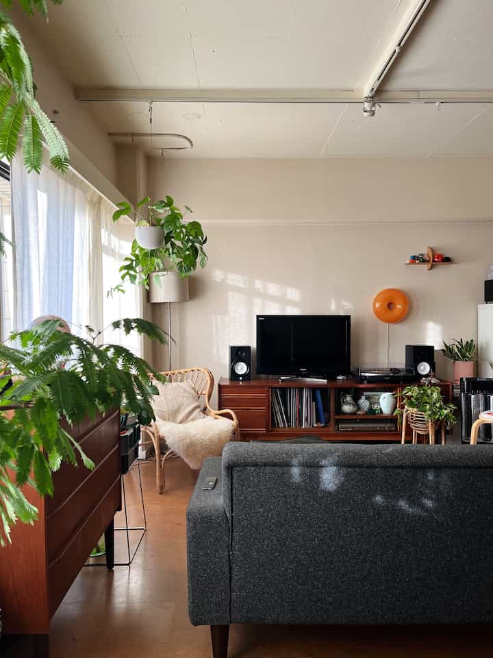 Natural wood tones and gray sofa in a cozy living room featuring TV stand and rattan chair with lush plants